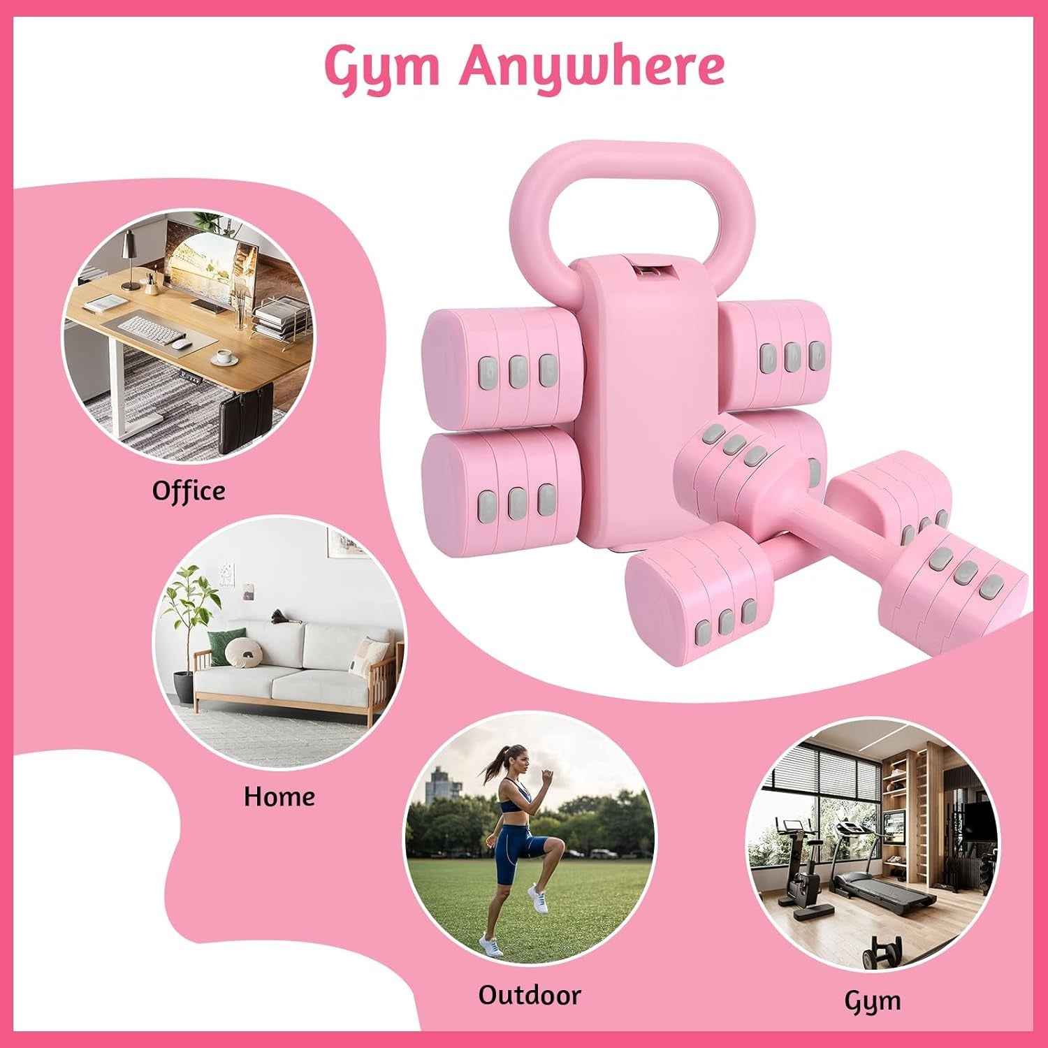 Xelvre Adjustable Kettlebell & Dumbbell Set for Women – 2-in-1 Pink Weights (1–5 kg) | Home Fitness Equipment