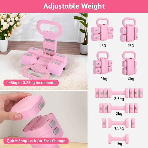 Xelvre Adjustable Kettlebell & Dumbbell Set for Women – 2-in-1 Pink Weights (1–5 kg) | Home Fitness Equipment