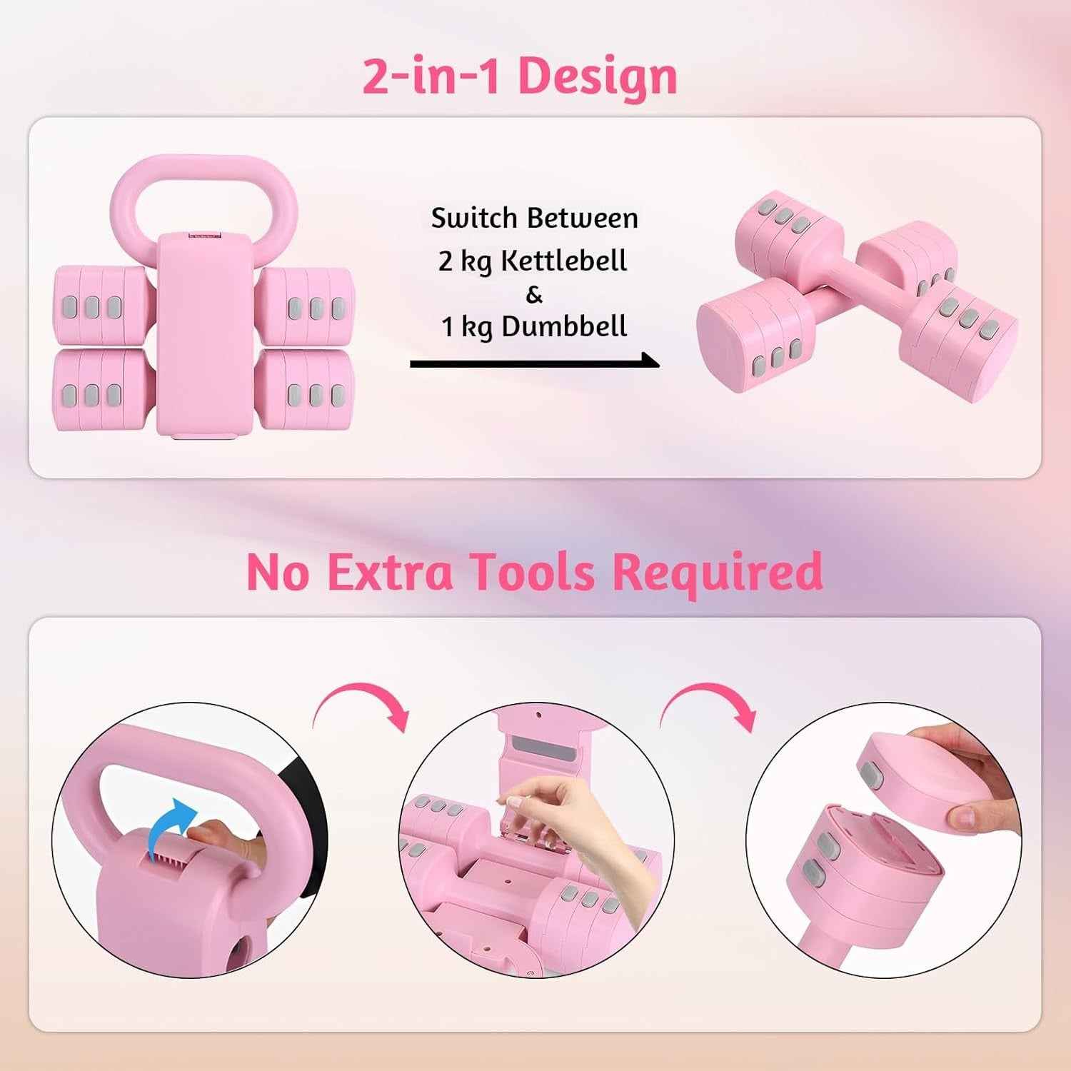 Xelvre Adjustable Kettlebell & Dumbbell Set for Women – 2-in-1 Pink Weights (1–5 kg) | Home Fitness Equipment