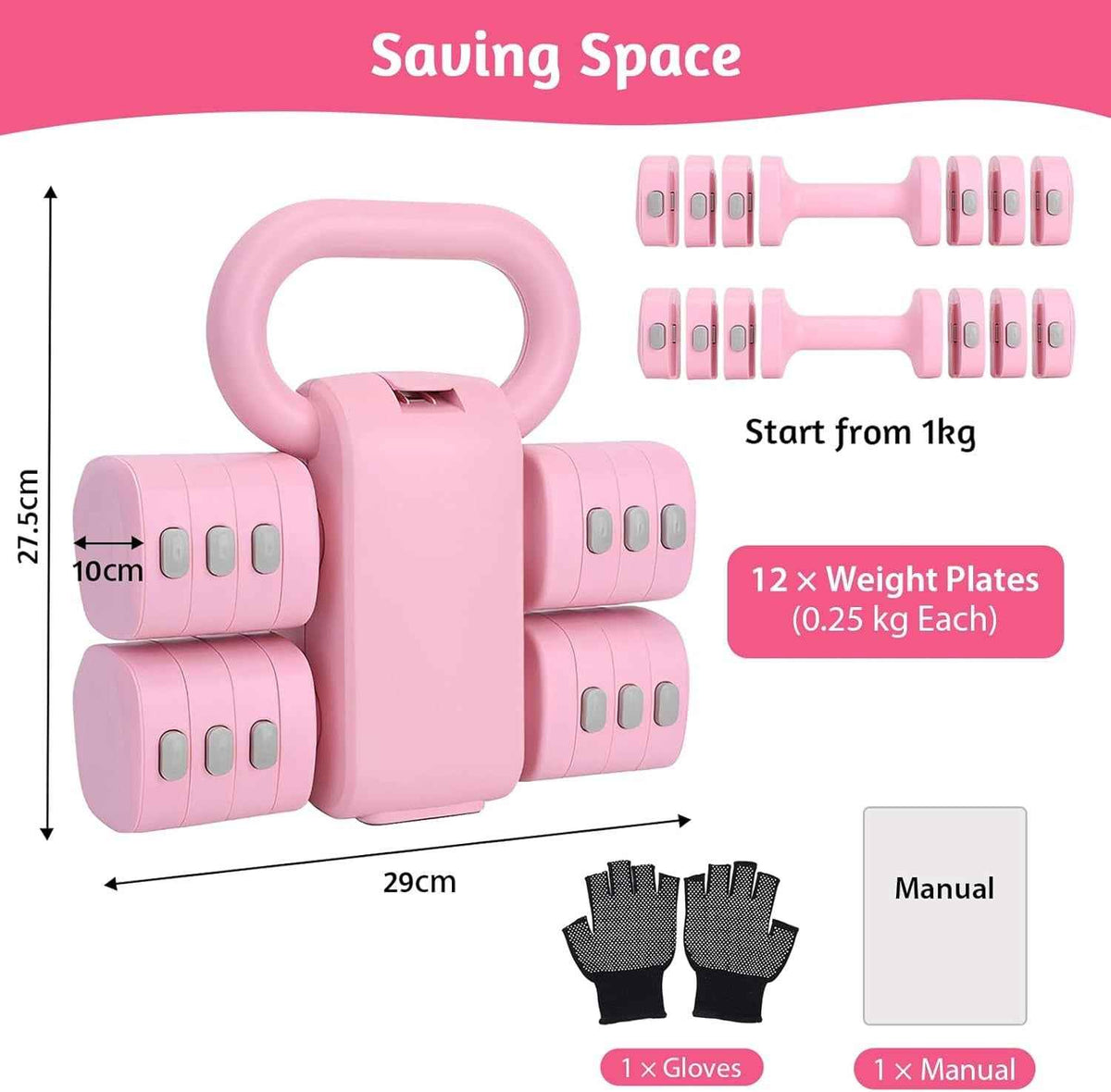 Xelvre Adjustable Kettlebell & Dumbbell Set for Women – 2-in-1 Pink Weights (1–5 kg) | Home Fitness Equipment